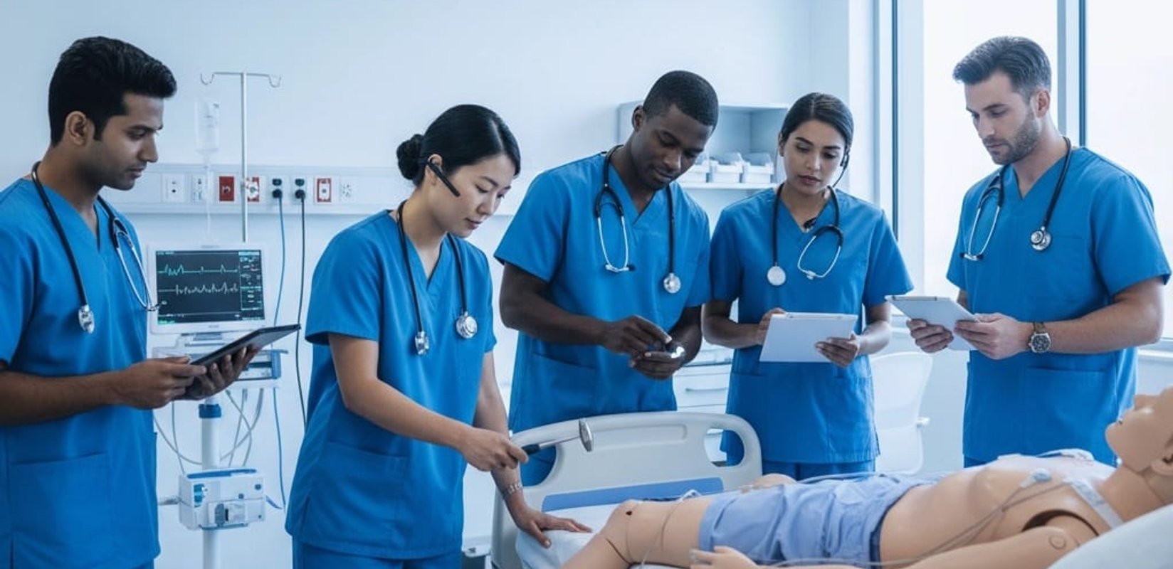 Clinical team running a stroke simulation scenario around a patient manikin