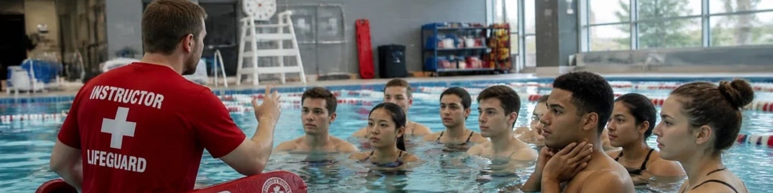 Red Cross lifeguard instructor briefing a class of students standing in the pool