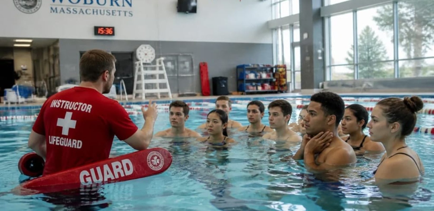 Lifeguard instructor supervising swimmers in an indoor pool