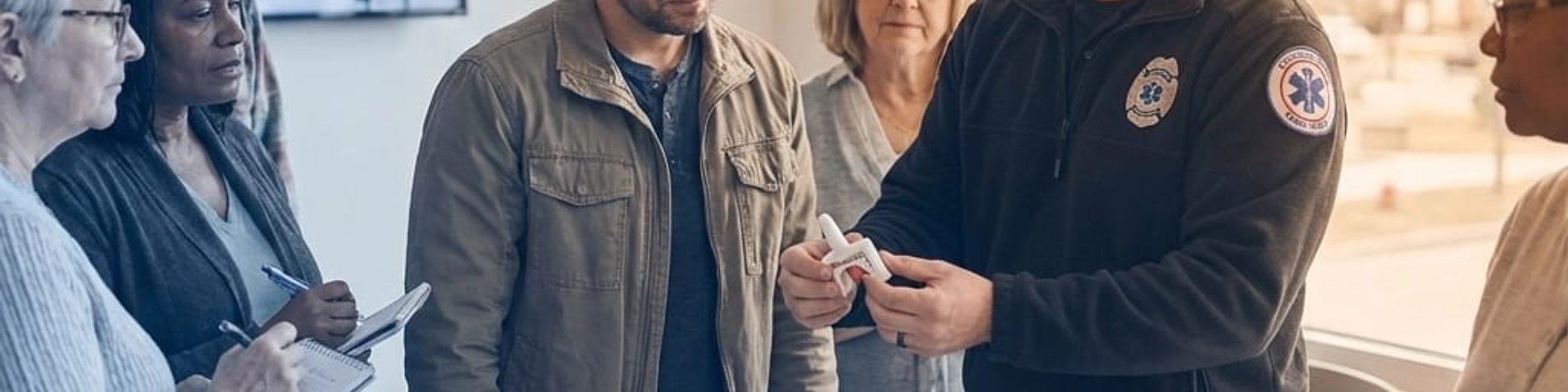 Instructor demonstrating a naloxone nasal spray device to a community first aid class
