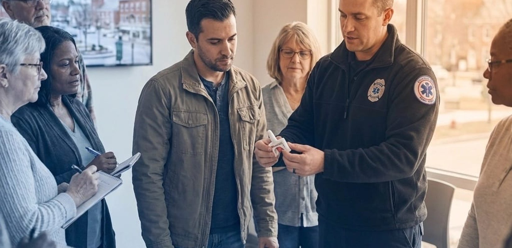 Instructor demonstrating a naloxone nasal spray device to a community first aid class