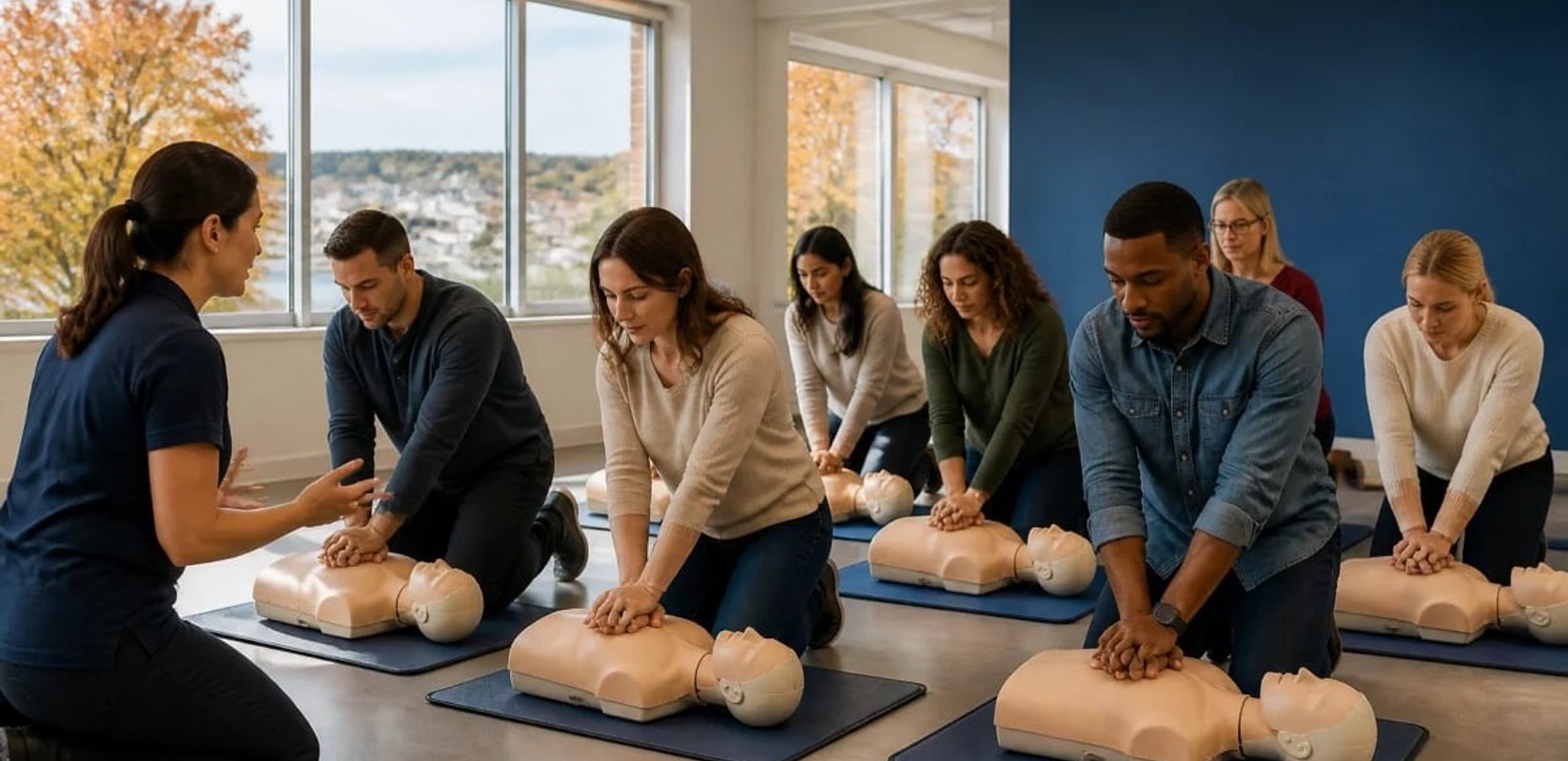 Adults practicing chest compressions on CPR manikins while an instructor coaches the class