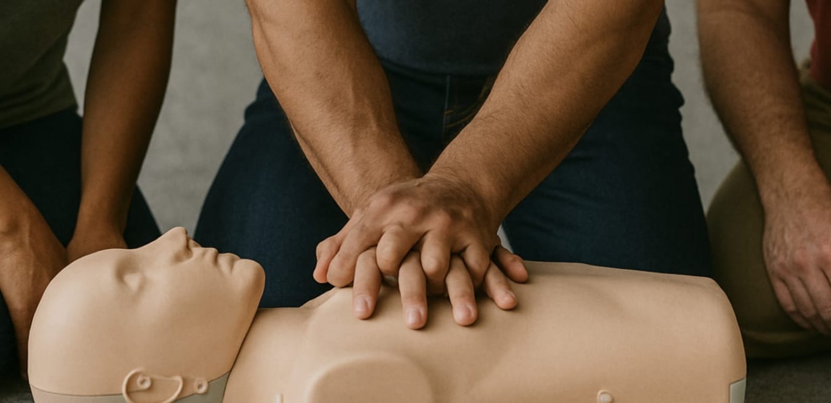 Hands positioned for chest compressions on a CPR manikin