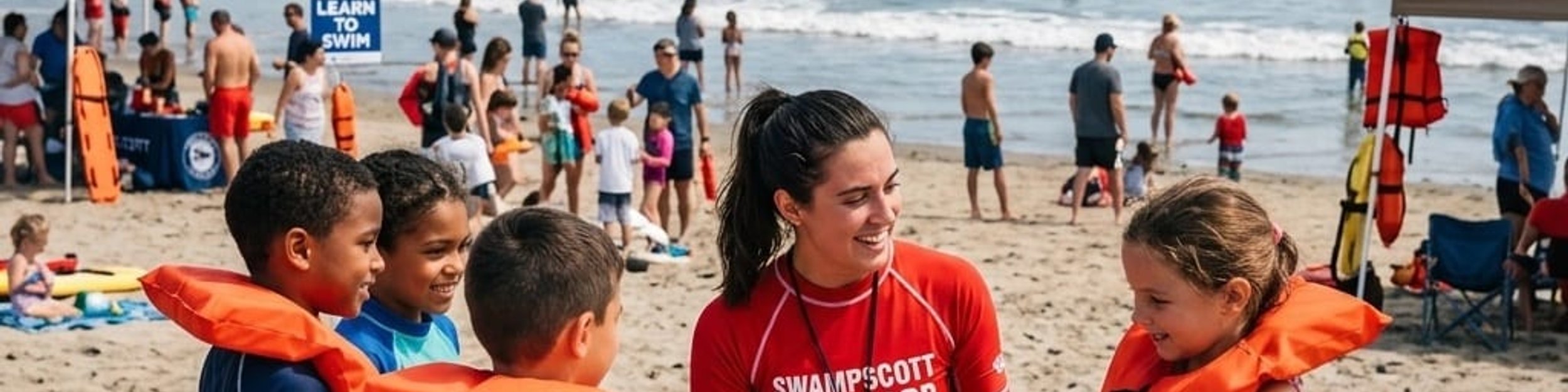 Lifeguard fitting life jackets on children at Fisherman's Beach during Swampscott Water Safety Day
