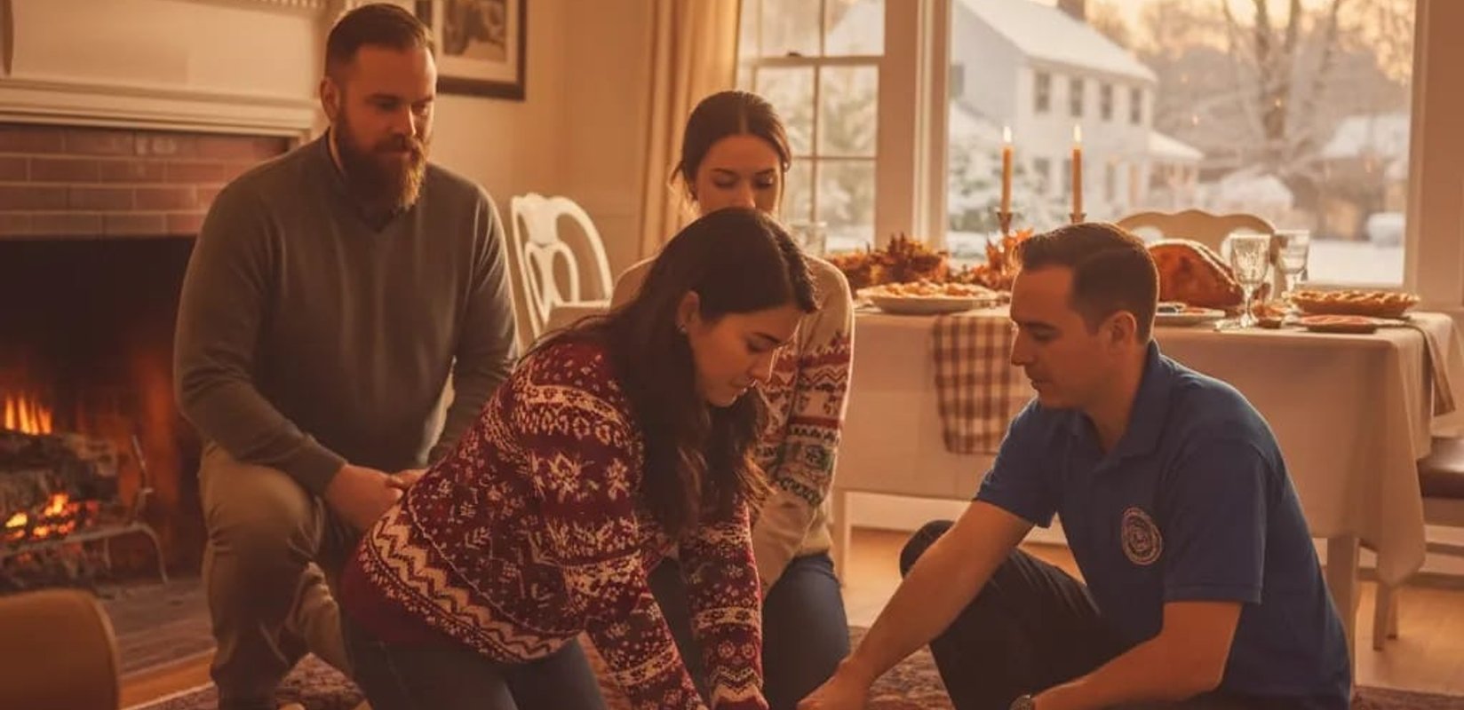 Family practicing CPR on a manikin with an instructor in a living room set for Thanksgiving
